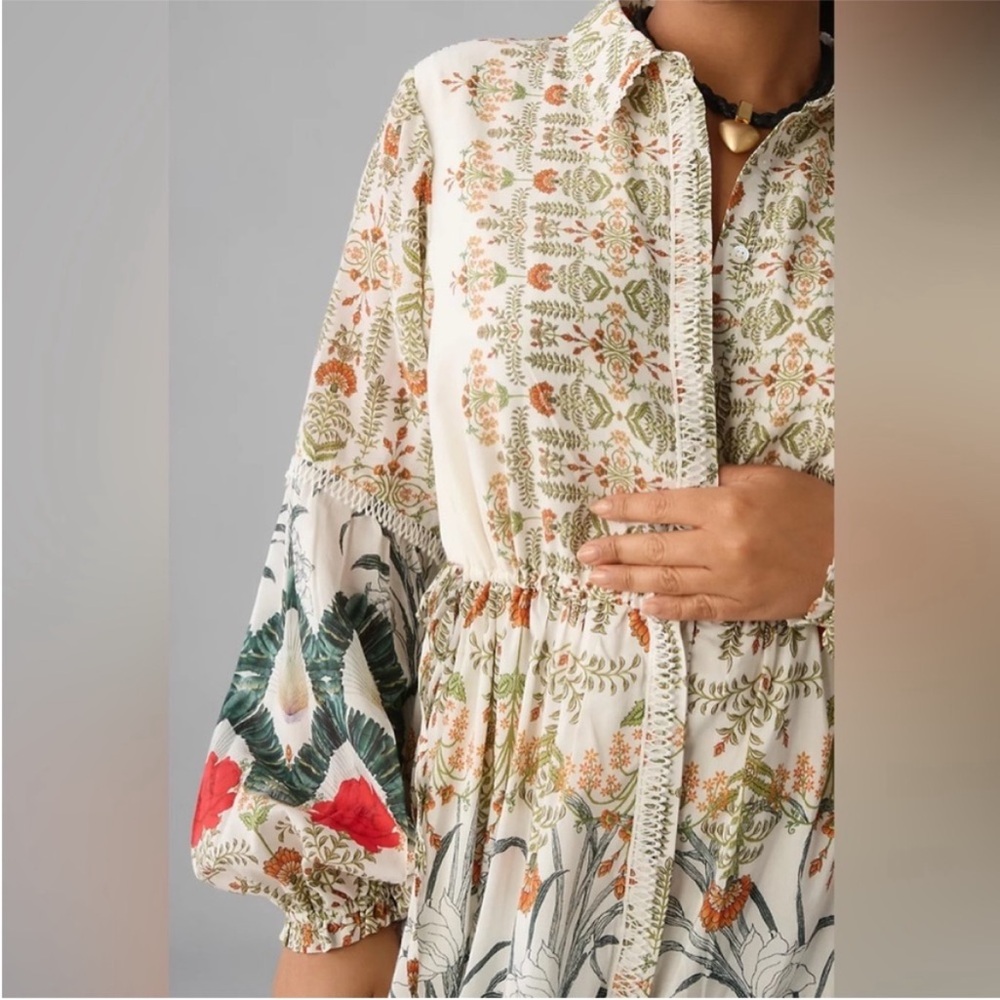 Anthropologie Boho Floral Tiered Maxi Dress in Cream with Red & Green Accents - Picture 4 of 10